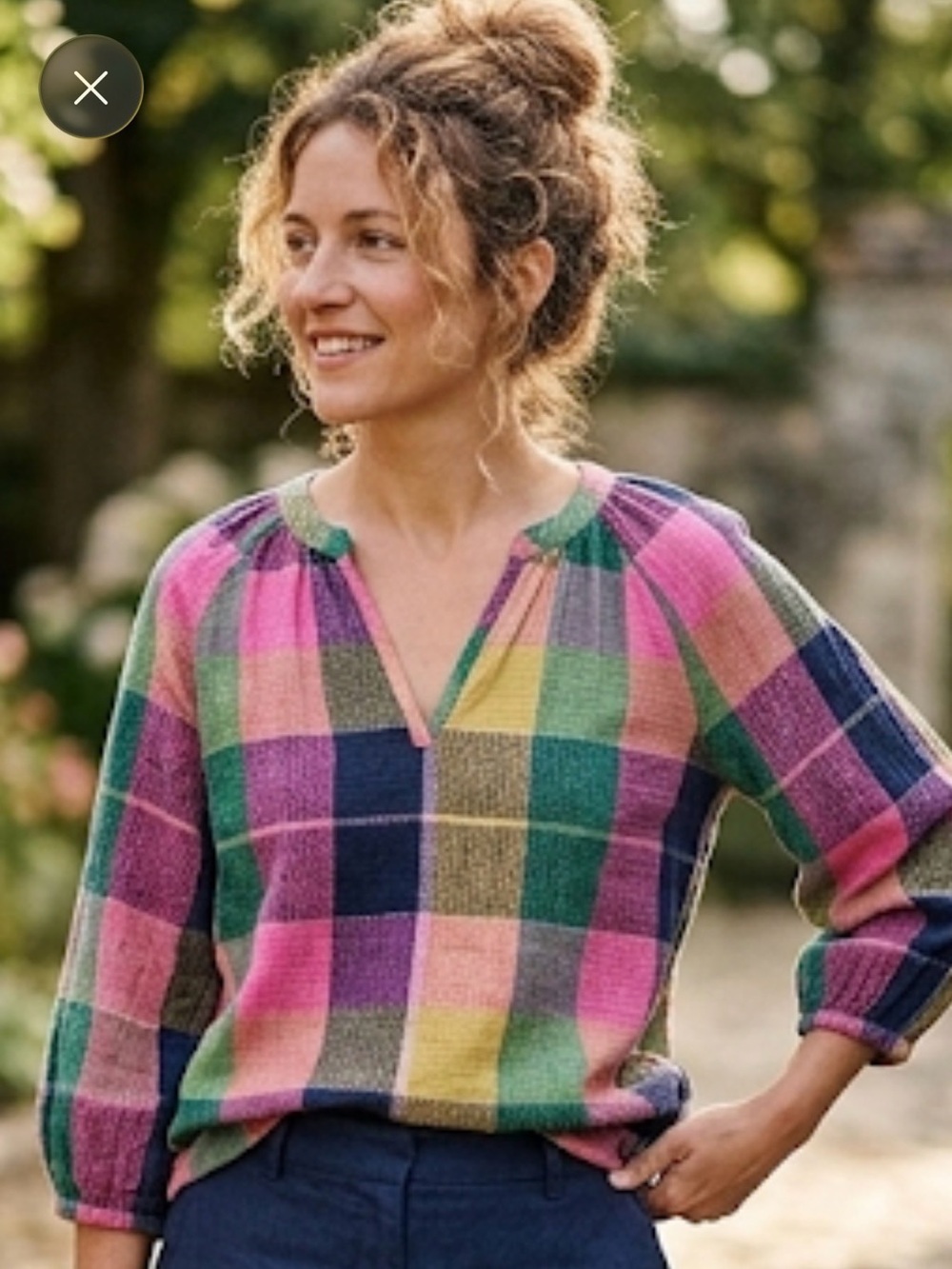 Falls Creek Olive Green and Navy Plaid Top
